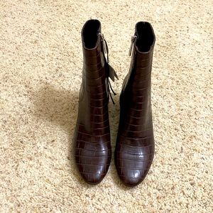 Zara Dark Brown Croc-Embossed Heeled Ankle Boots